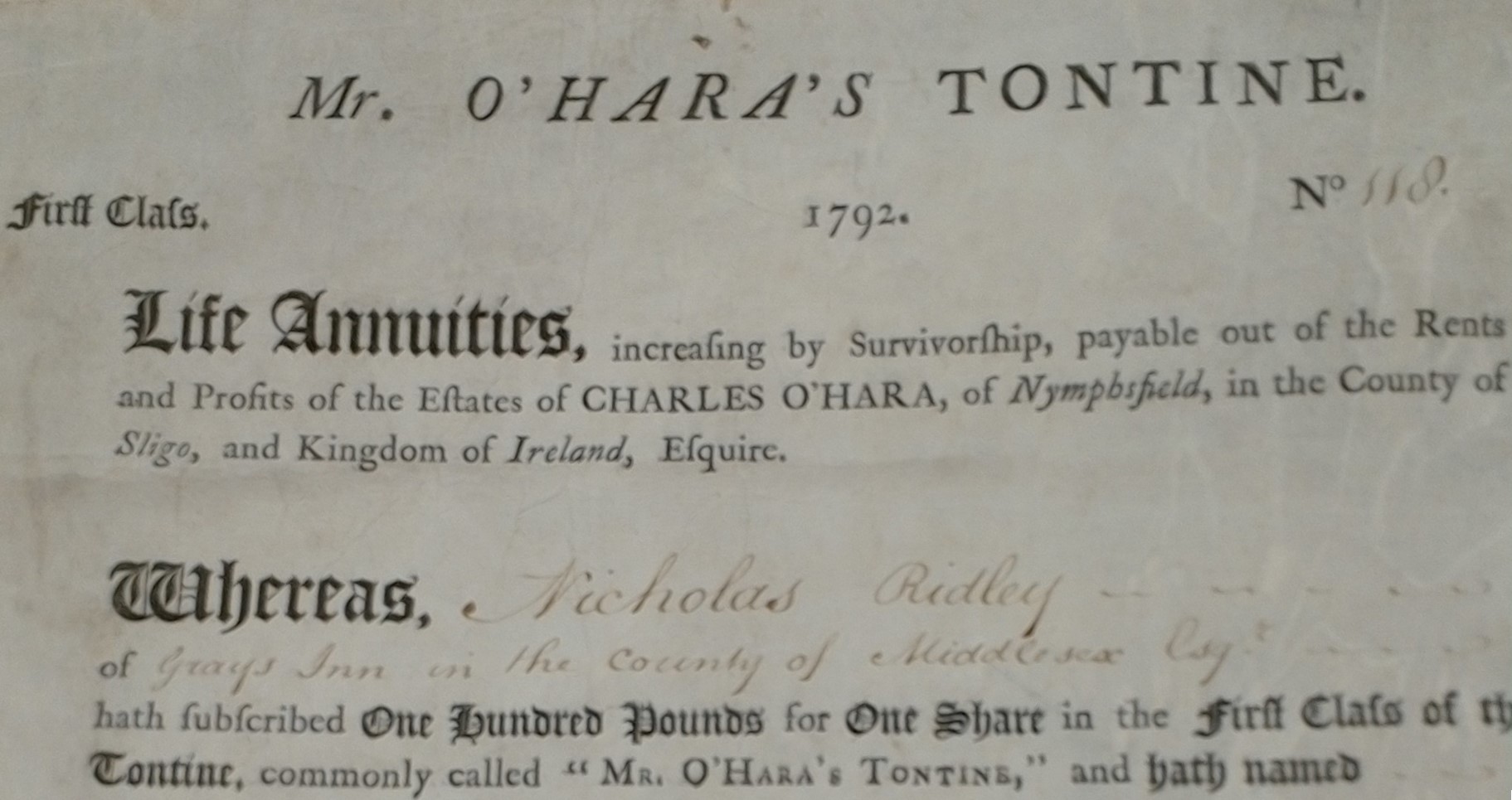 Share from O'Hara's Tontine 1792